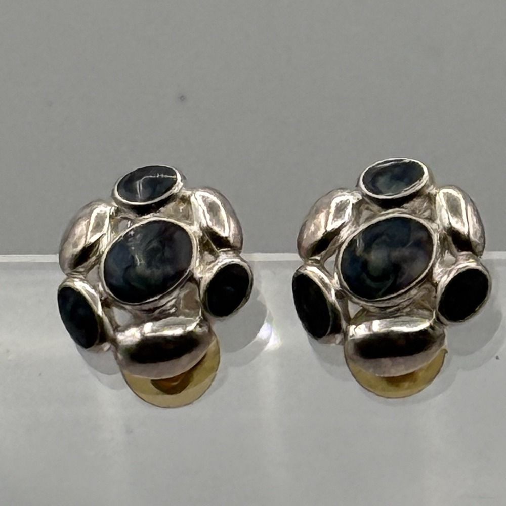 Anne Klein AK Vintage Silvertone Dark Cabochon Clip-On Earrings Costume Jewelry